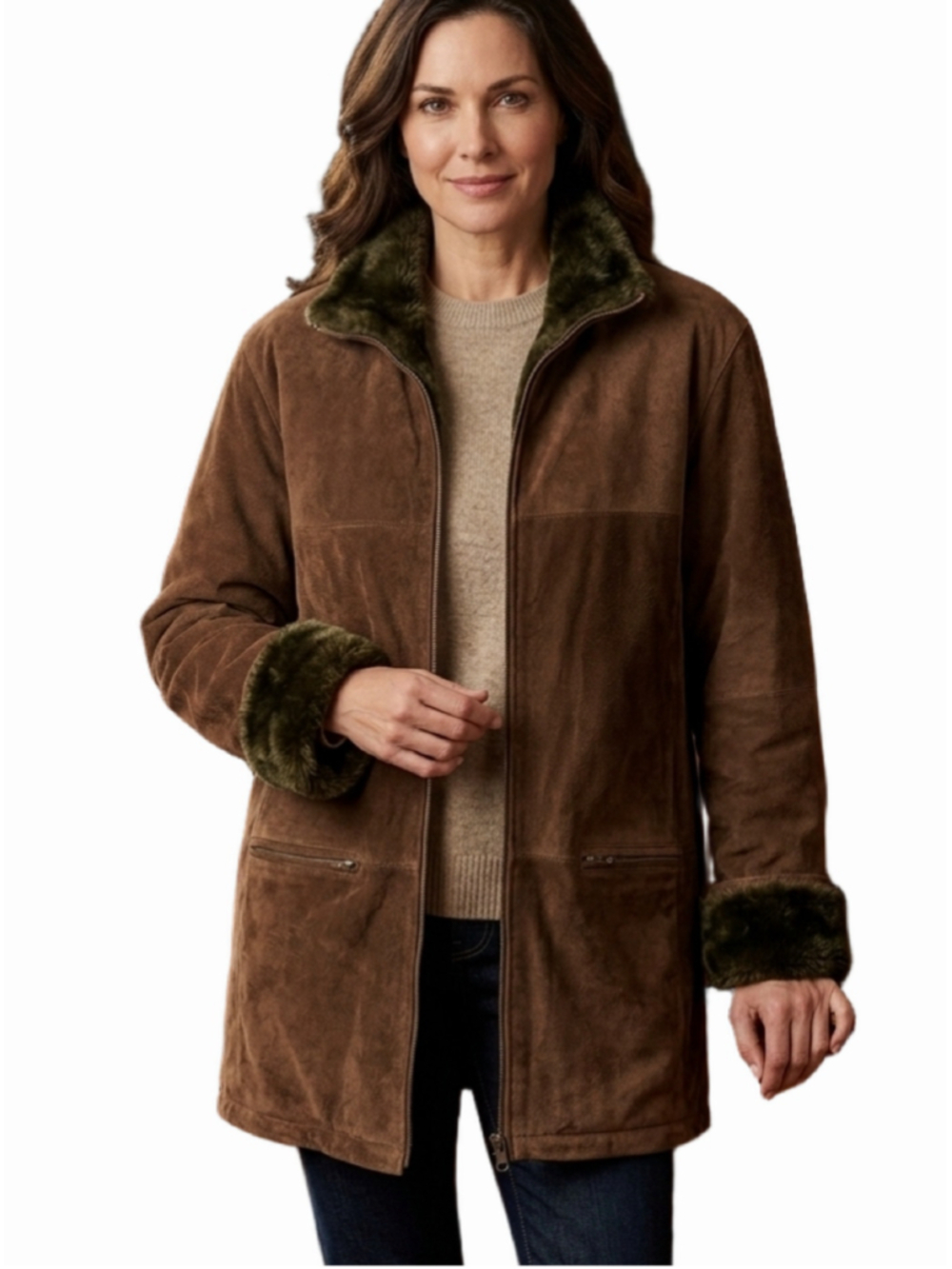 VTG Sequence Reversible Genuine Brown Leather Faux Fur Shearling Jacket M